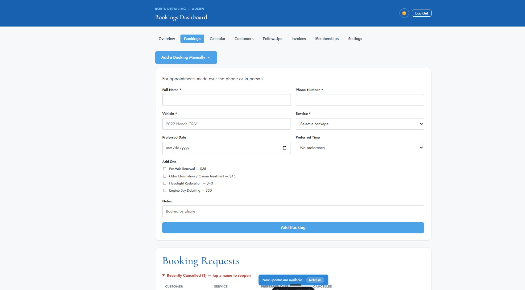 Bookings — expanded (light mode)